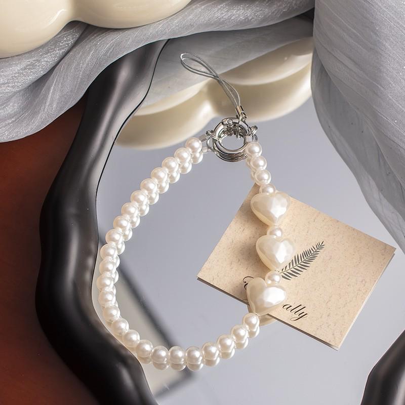 Weißes Herz Perlen Glitzer Handy Handgelenkband Lanyard