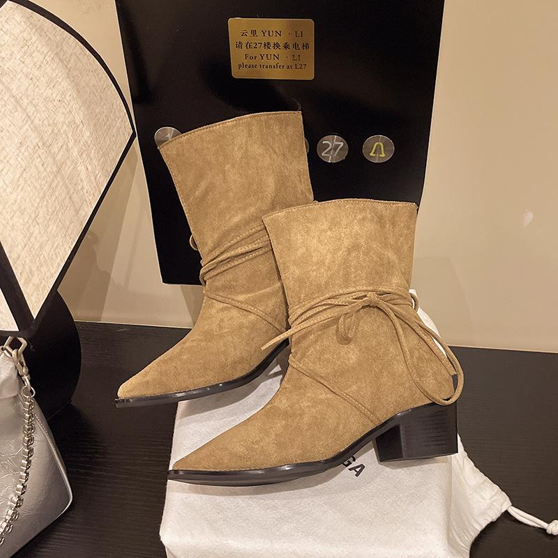 2025 autumn and winter new women's boots suede boots thick heel boots western cowboy boots comfortable warm versatile knight boots