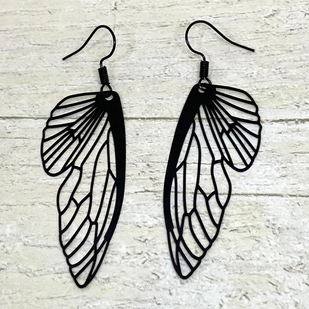 Gotiske Svarte Sommerfugl Øredobber, Dingleøredobber med Alvevinger, Fantasy Magisk Statement Smykke for Kvinner