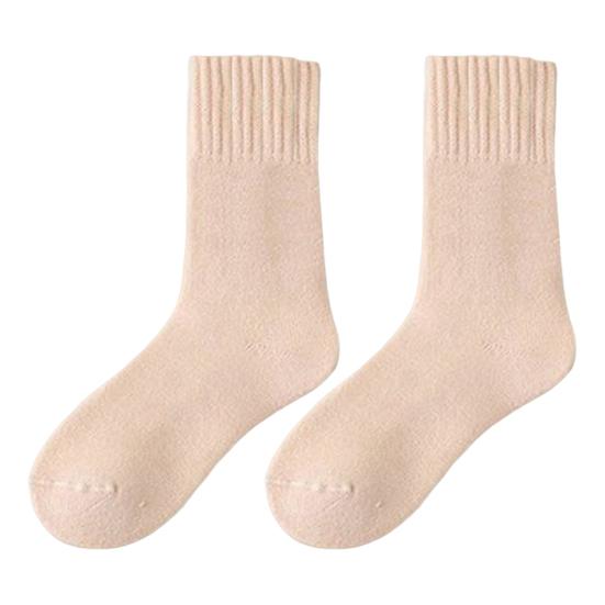 1 Pair Women Winter Socks Solid Color Ribbed Cuffs Thickened Plush Lining Sleeping Socks Autumn Winter Daily Wear