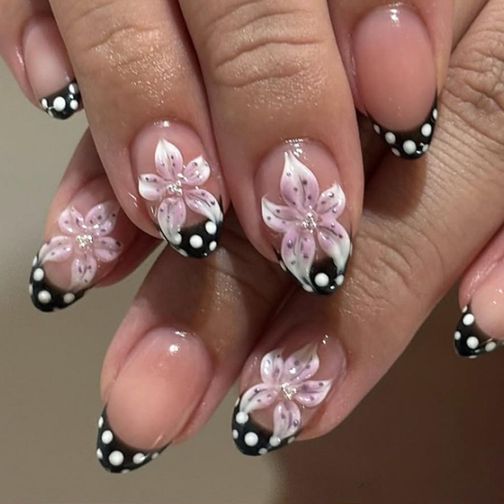 24Pcs Y2K Gothic Black Bow Almond Cat Eye Press On Nails Full Cover Acrylic Nail Tips