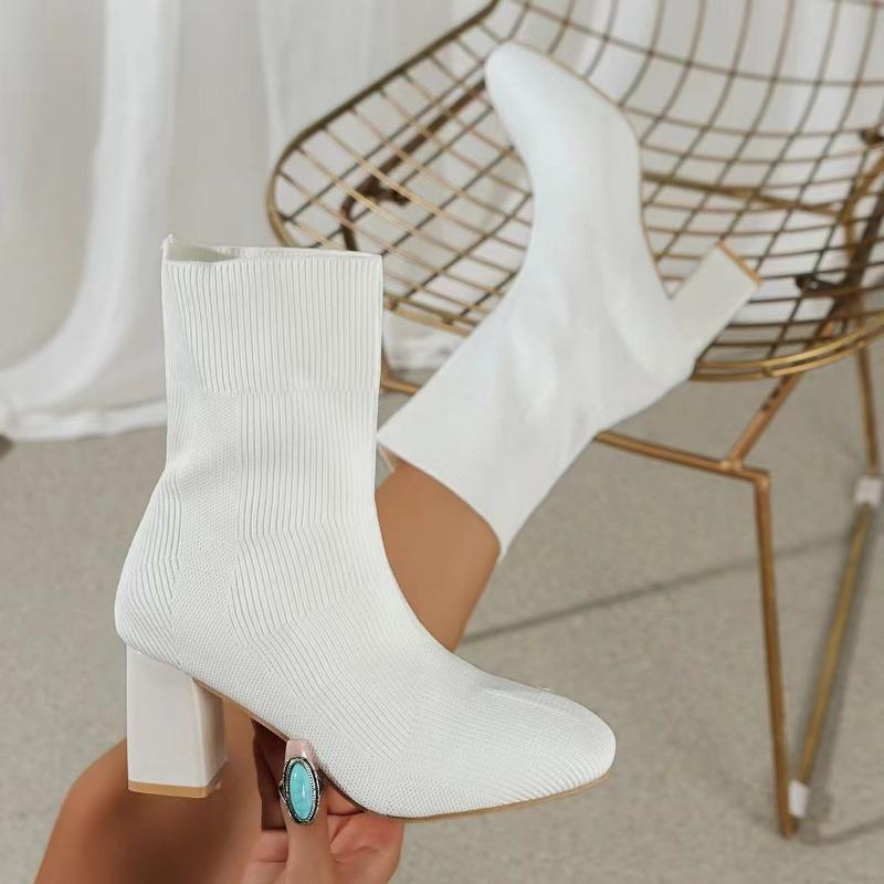 Large Size Elastic Boots Women's Autumn and Winter New Wind Square Head Flying Knitting Women's Boots Thick High Heel Medium Tube Thin Socks Boots