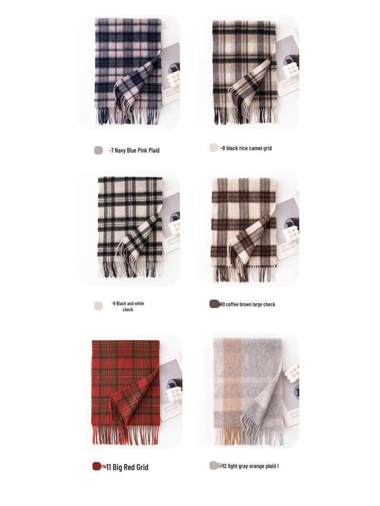 Women's 100% Wool Plaid Scarf - Korean Style, Autumn/Winter 2025, Long Tassel Shawl, Cold-Proof and Warm
