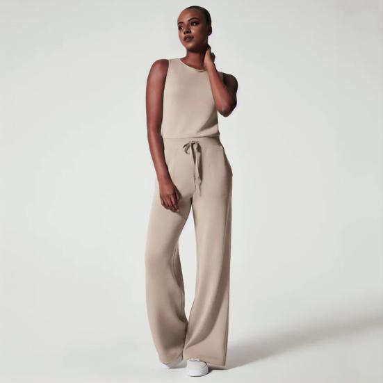 Kadın Yaz Tulum Yuvarlak Boyun Kolsuz İpli Yüksek Elastik Bel Düz Renk Geniş Bacak Yumuşak Nefes Spor Gidip Günlük Tulum