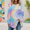 Women Plus Size Round Neck Long Sleeve Rainbow Galaxy Printed Loose High Low Hem Shirt