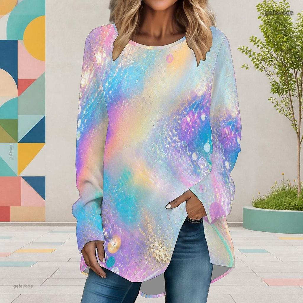 Women Plus Size Round Neck Long Sleeve Rainbow Galaxy Printed Loose High Low Hem Shirt