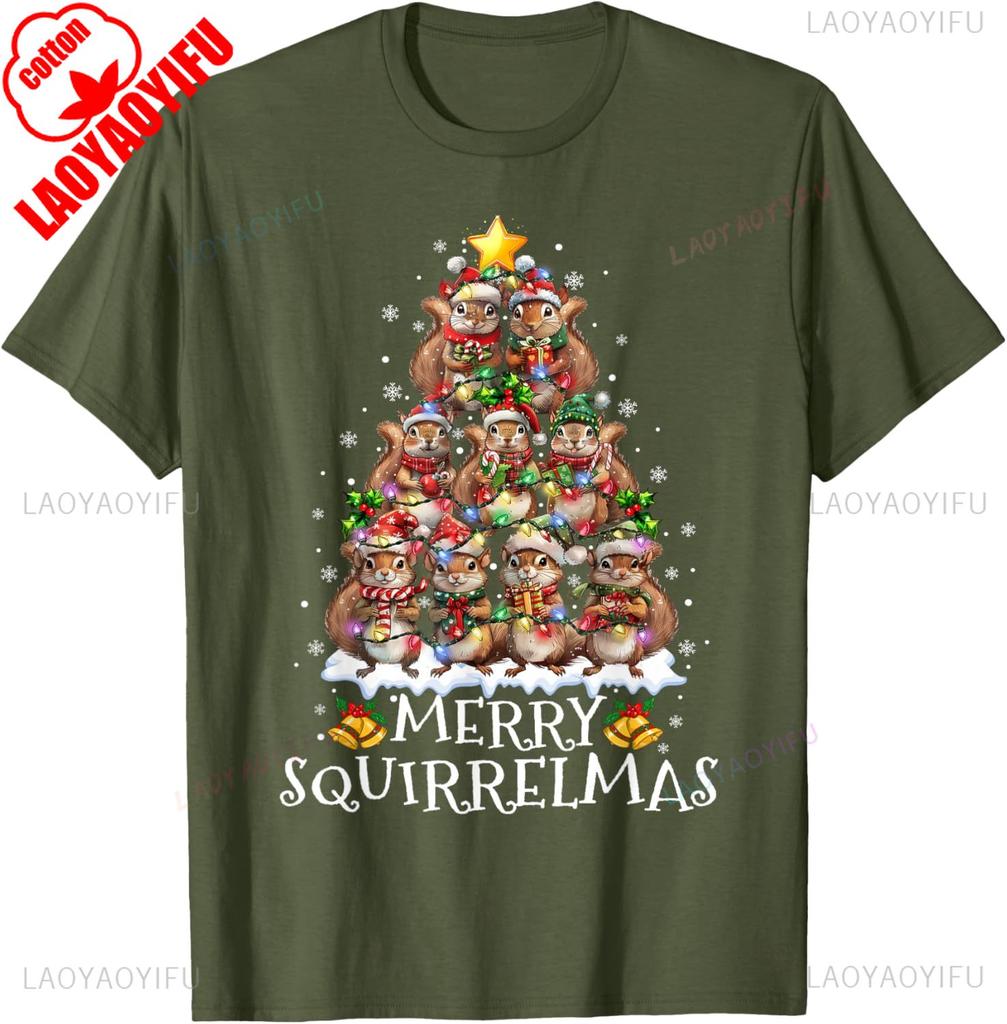 Funny Lovely Cartoons Squirrel Christmas Tree Lights Merry Squirrelmas Santa Xmas Crewneck Tops Tee Shirt Short Unisex Adult
