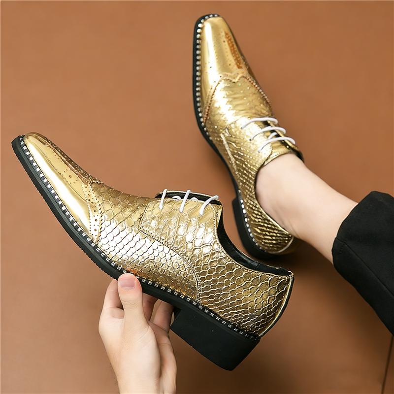 Luxury  Pointed Gold Patchwork Lace Up Brogues Shoes For Men Brand Designer Casual Loafers Formal Dress Footwear Zapatos Hombre