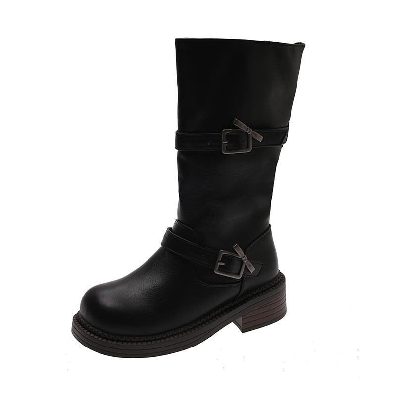 

Осенние Новые Ботинки до середины голени Модные С круглым носком Голенище Металлическая Пряжка Платформа Нескользящий Блочный каблук Одинарная обувь 40