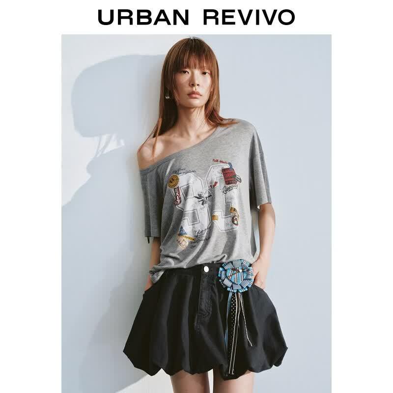 UR2026 Women s Trendy Patchwork One-Shoulder Short Sleeve T-Shirt S
