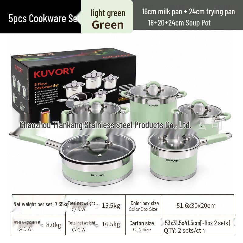 5-Piece Stainless Steel Cookware Set: Non-Stick Soup Pot, Frying Pan, and Milk Pot