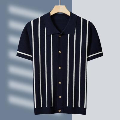Men's Bestseller Color Block Thick Short Sleeve Polo Shirt - Winter Business Fashion with Turn-Down Collar Knitwear.