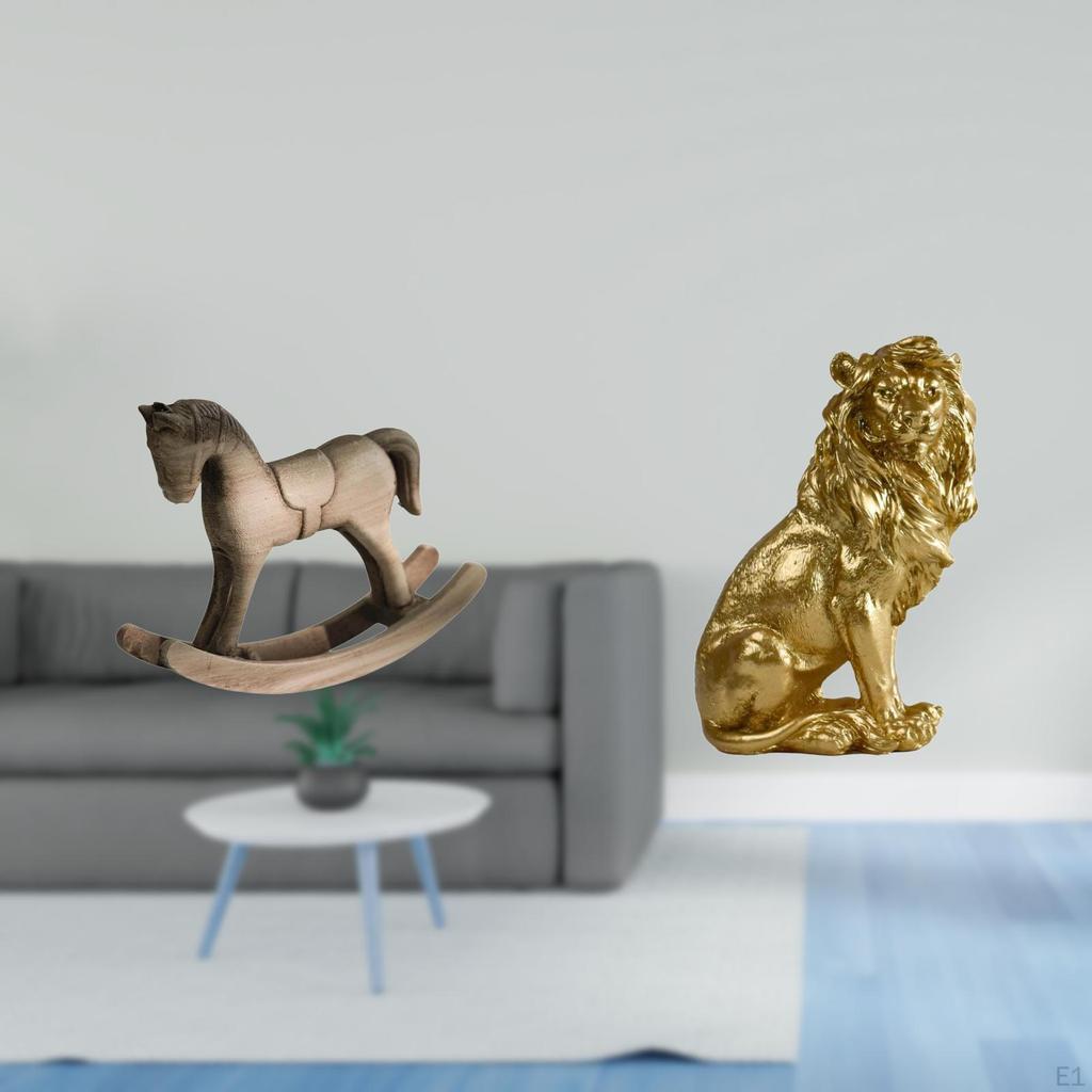 Retro Artistic Lion Horse Wood Sculpture Ornament for Office Desk Centerpiece Bookshelf Bedroom