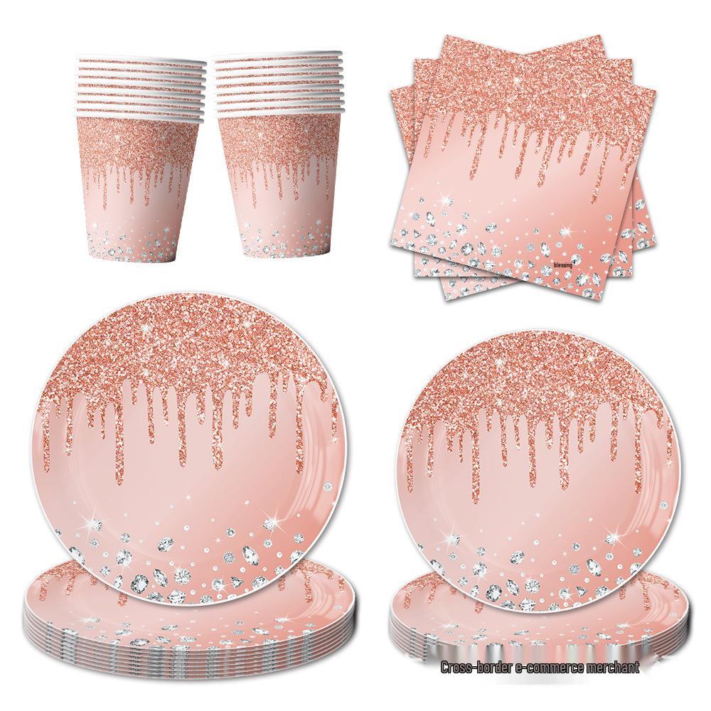 Pink Diamond Sequin Tableware Set: Birthday & Wedding Party Essentials