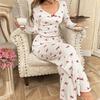Women's European Style Bowknot Pajama Set - Long Sleeve Top & Elastic Long Pants, Printed, Casual, and Sexy for Indoors or Outdoors.