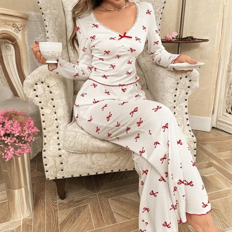 Women's European Style Bowknot Pajama Set - Long Sleeve Top & Elastic Long Pants, Printed, Casual, and Sexy for Indoors or Outdoors.