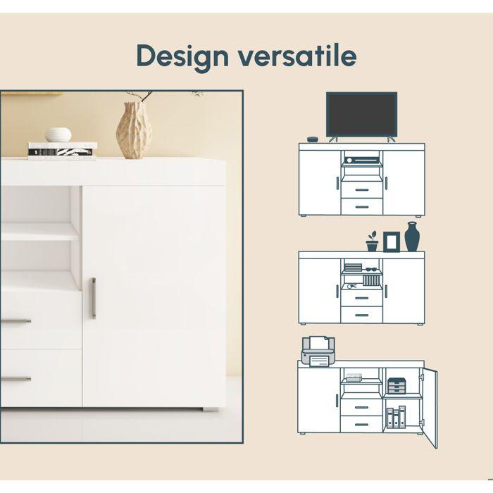 Buffet Bahut 2 portes 2 tiroirs | 140 x 80 x 40 cm | Couleur Blanc Brillant | Rangement | ROQUE