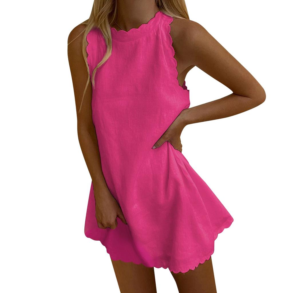 Women's Spring/Summer Solid Scalloped Trim Sleeveless Casual Dress