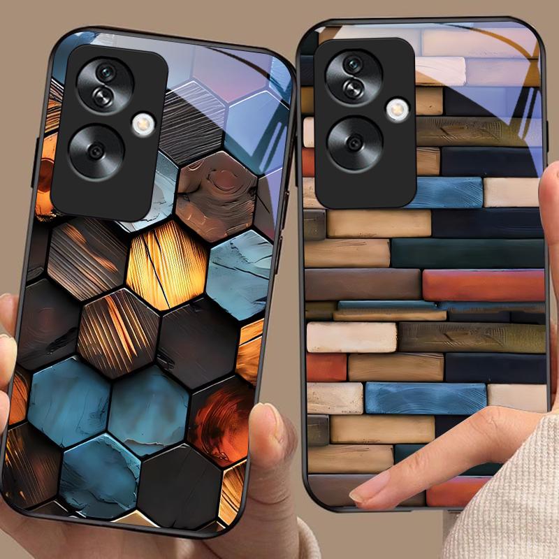 Colorful Wood Grain For Oppo A79 5G 58 78 74 60 4G Reno 11F Realme GT 6 11 Note 50 10 C55 X2 Tempered Glass Black Phone Case