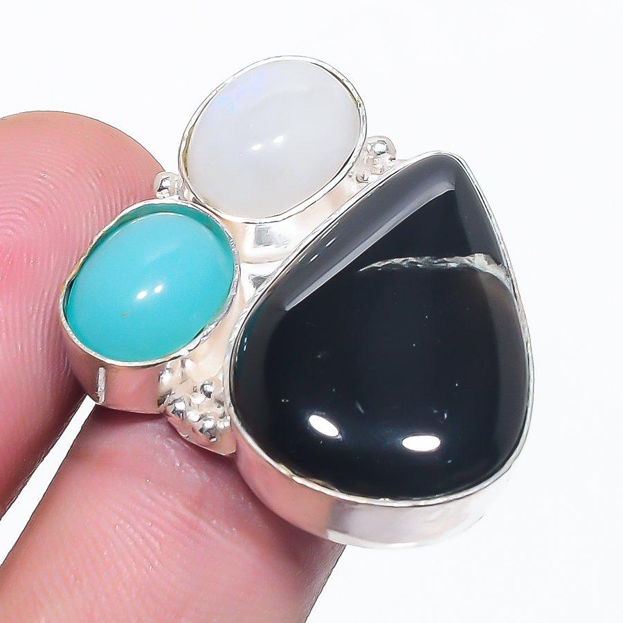 

Natural Black Onyx, Moonstone 925 Sterling Silver Jewelry Ring Size 7 R1n43