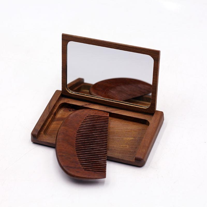 Set Pieptene de Lemn 2 în 1 cu Oglindă Mini Vintage Portabil Pliabil Oglindă de Mână Lemn de Santal Roșu Oglindă de Machiaj Călătorie & Decor Acasă