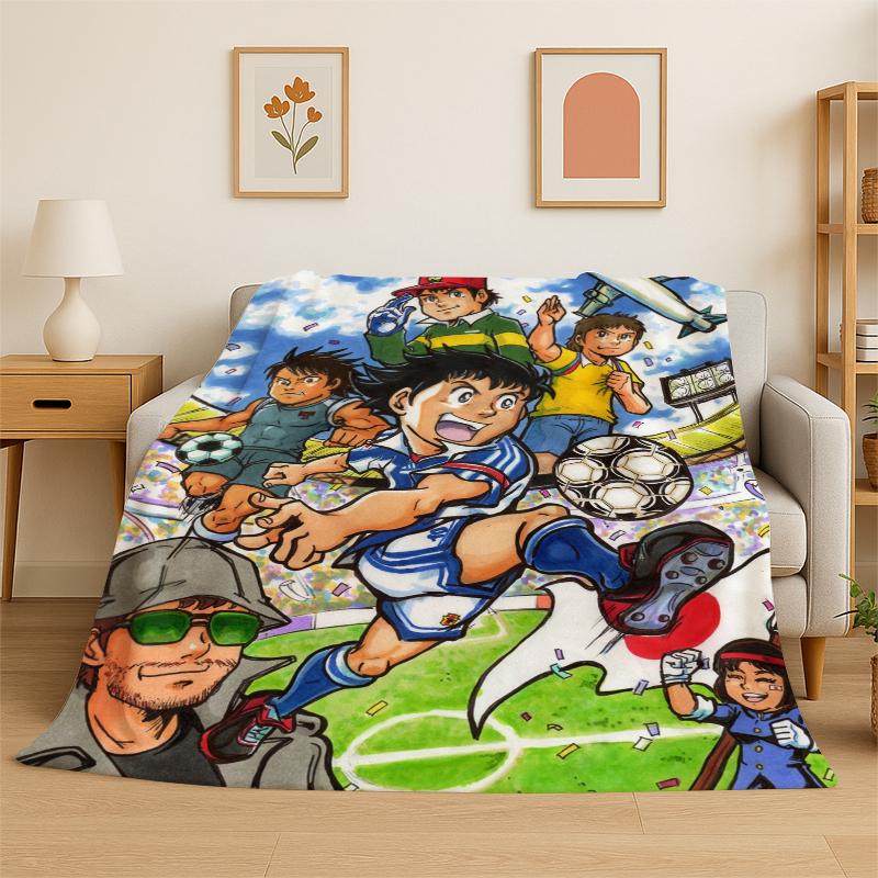 Retro Captain Tsubasa Soccer Cartoon Flannel Blanket Soft Warm Throw Blanket for Bedroom Living Room Bed Travel Picnic Gift