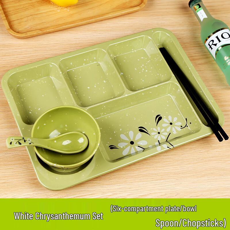 Ruhan Melamine 6-Compartment Square Dinner Plate, White Chrysanthemum