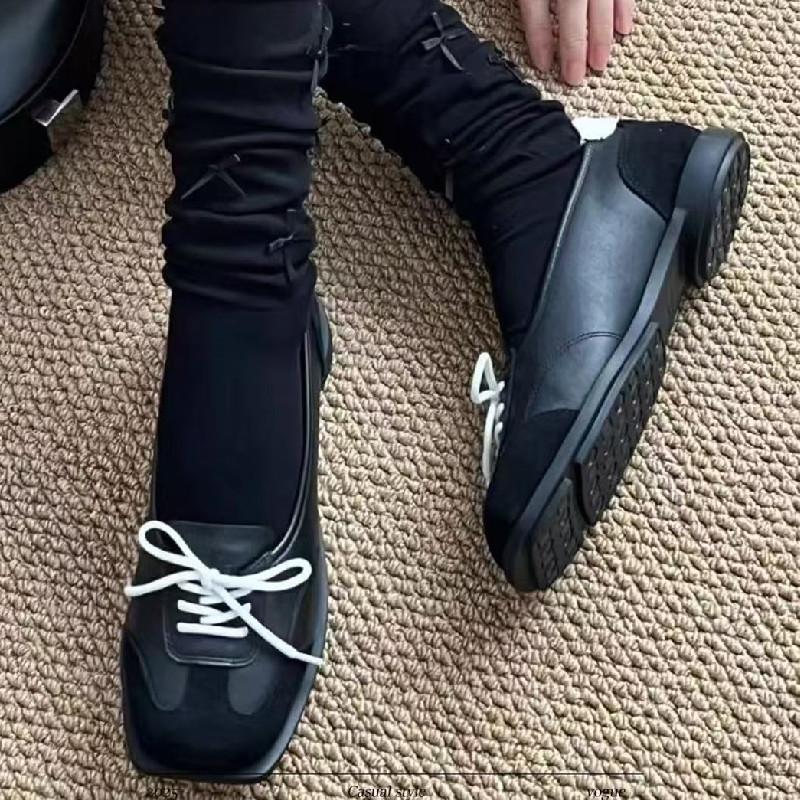 Fashion Novelty Lace Up Ballet Sneaker Flats Women Square Toe Splicing Design British Style Mary Jane Shoes Cozy Non-Slip Designer Pumps