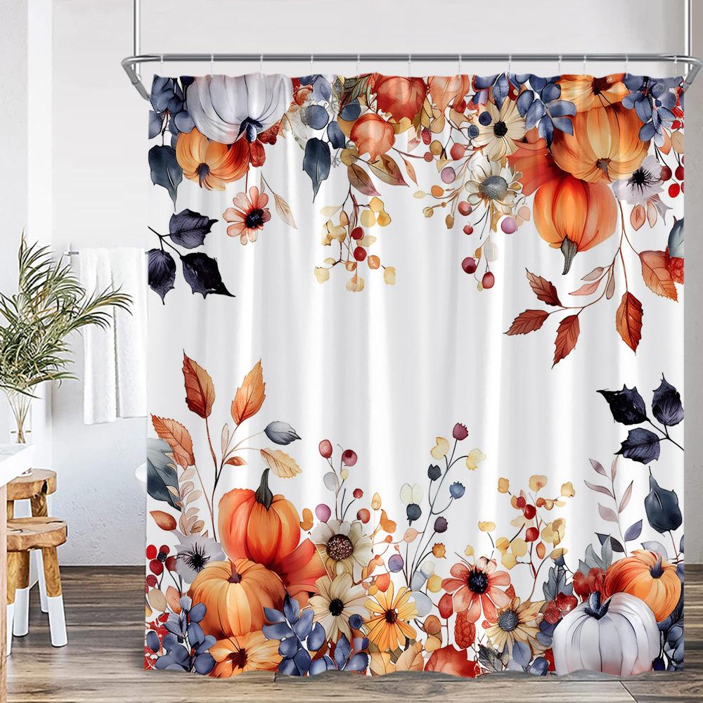 Autumn Harvest Season Shower Curtain Pumpkin Sunflower Corn Squirrel Fall Country Bathroom Decor Orange Polyester Bath Curtain