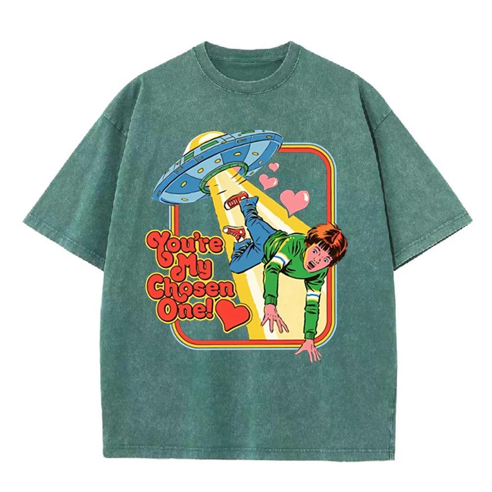 2026 Youre My Chosen One Retro Ufo Alien Abduction Boy Graphic Washed T Shirt Funny Love Meme Casual Oversized Short Sleeve Str