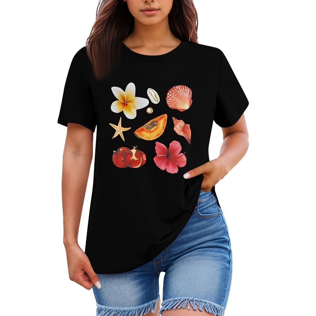 Ladies' Loose Comfortable Casual Fashionable  Fruit And Flower Pattern Printed Round Neck Short Sleeved Shirt
