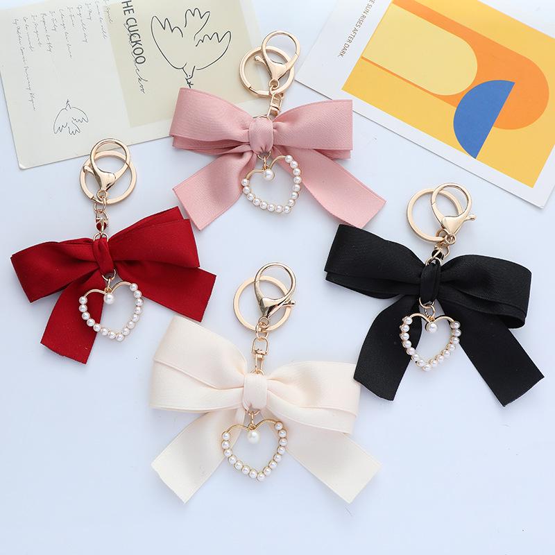 Pearl Ribbon Bow Heart Keychain Pendant for Women's Bags and Handbags