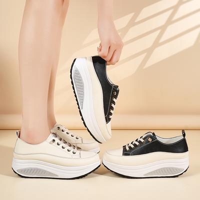 Scarpe Casual con Zeppa Bianche in Vera Pelle Classiche per Tutte le Stagioni Donna