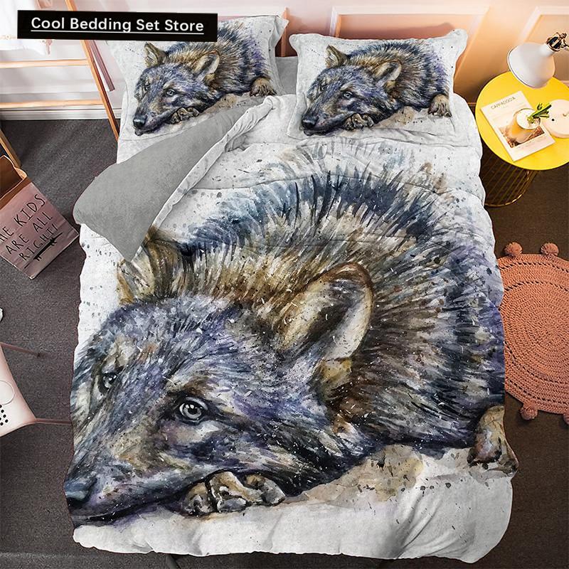 Bettwäscheset mit Weißwolf-Muster Tier Bettbezug Queen King Full Size Bettwäscheset Herren Weiche Polyester Bettdeckenbezug Schwarz Grau