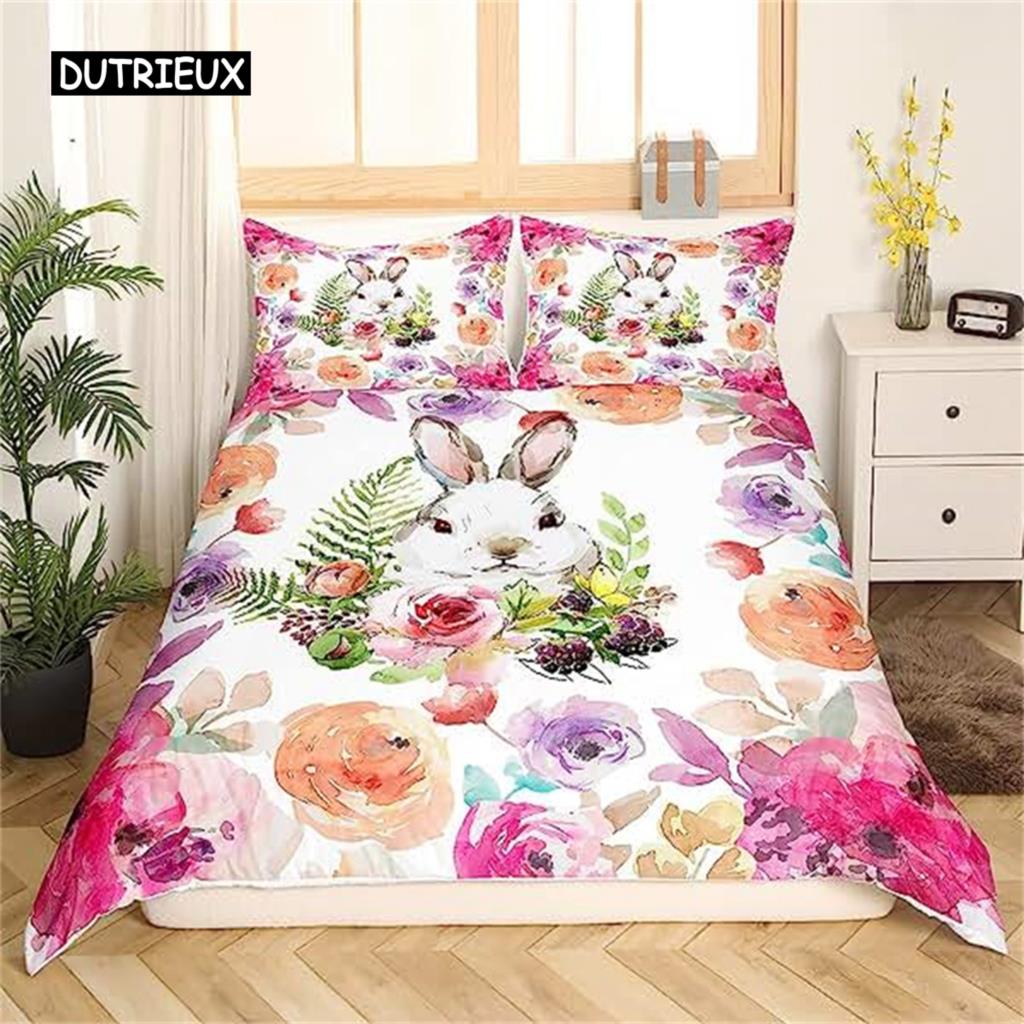 Easter Rabbit Duvet Cover Easter Bedding Set Floral Cute Rabbit Pet Queen Size Kawaii Presents Easter Day Gifts for Toddlers