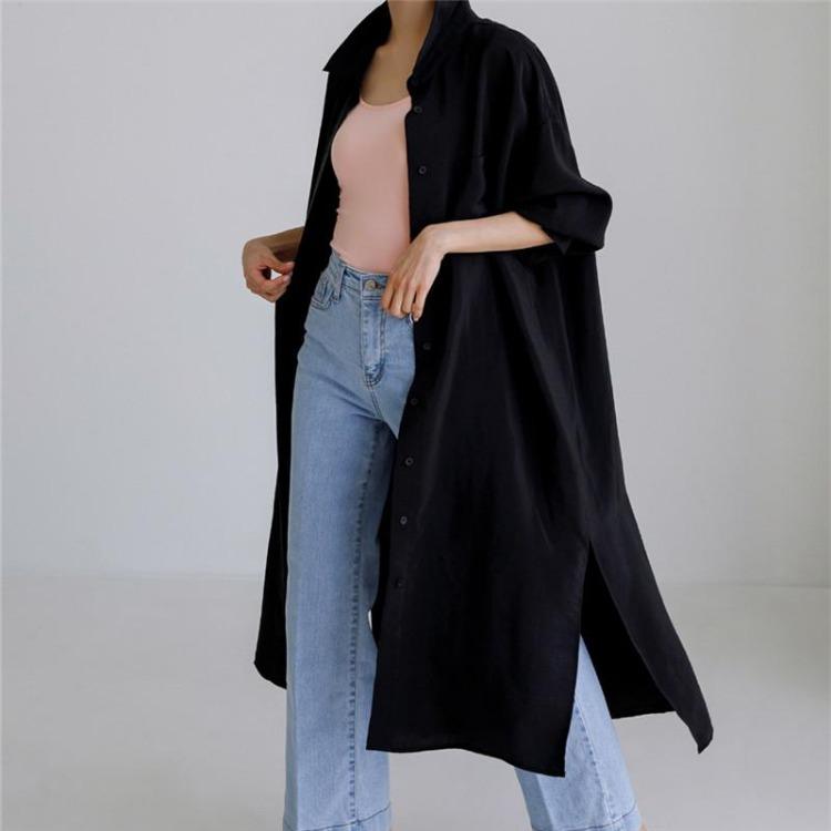 

Korean Long Women Cardigan Sun Protection Summer Blouses Simple All Match Loose Slits Female Shirts XL чорний