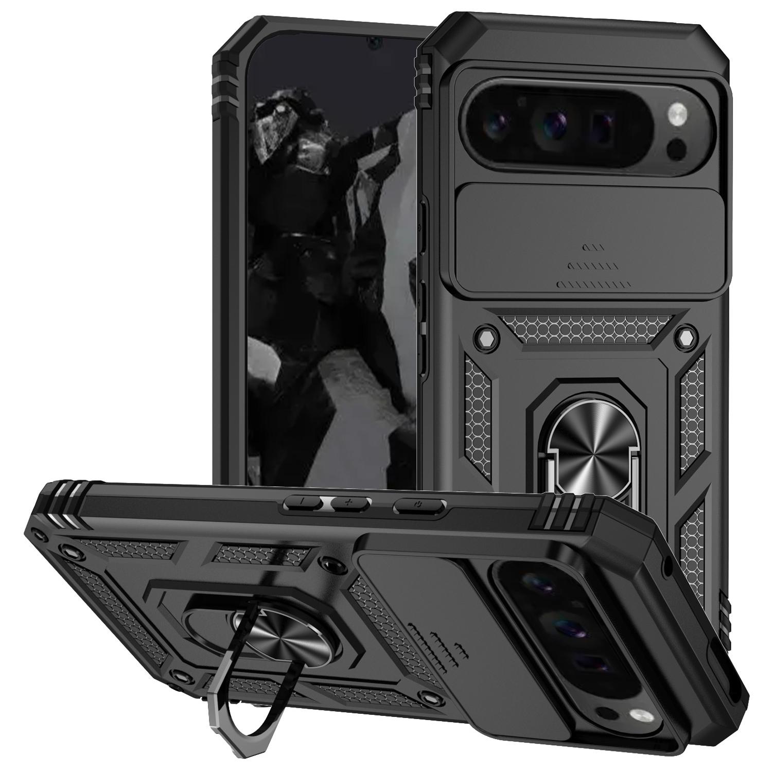 

For Google Pixel 9 Pro XL Case Rugged PC+TPU Phone Protector with Slide Camera Cover/Kickstand Black