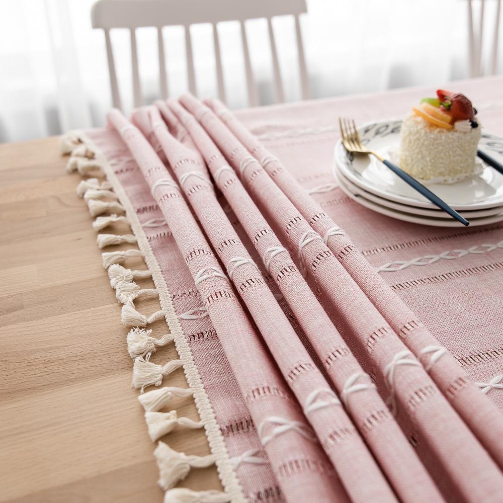 Luxurious Rectangular Cotton Linen Tablecloth with Tassel and Embroidery