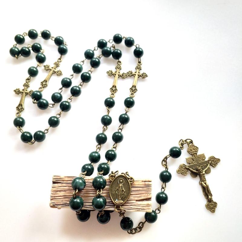 Green Pearl Beads Rosary Necklace with Medal & for Cross Crucifix Pendant Y Shape Necklace Jewelry Gifts for Women Men
