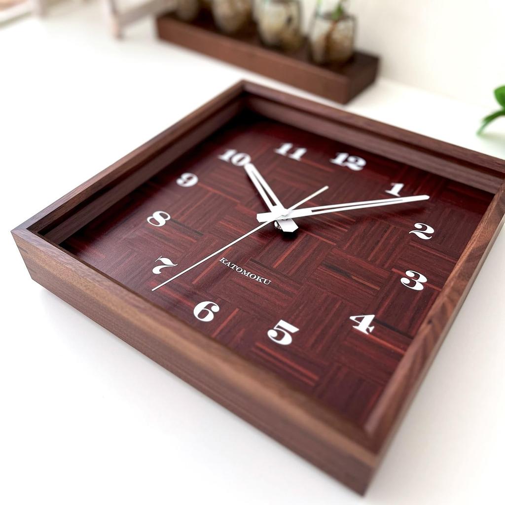 KATOMOKU muku square clock km-144WARC, walnut wood wall clock with continuous second hand (radio-controlled clock)