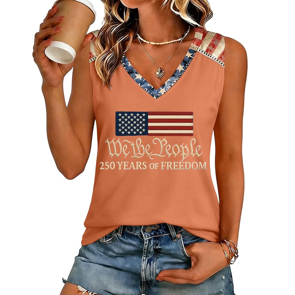 Women V Neck Casual Sleeveless Tank Top 250 Years Of Freedom Letter Print Lightweight Summer Shirt Sleeveless Blouse