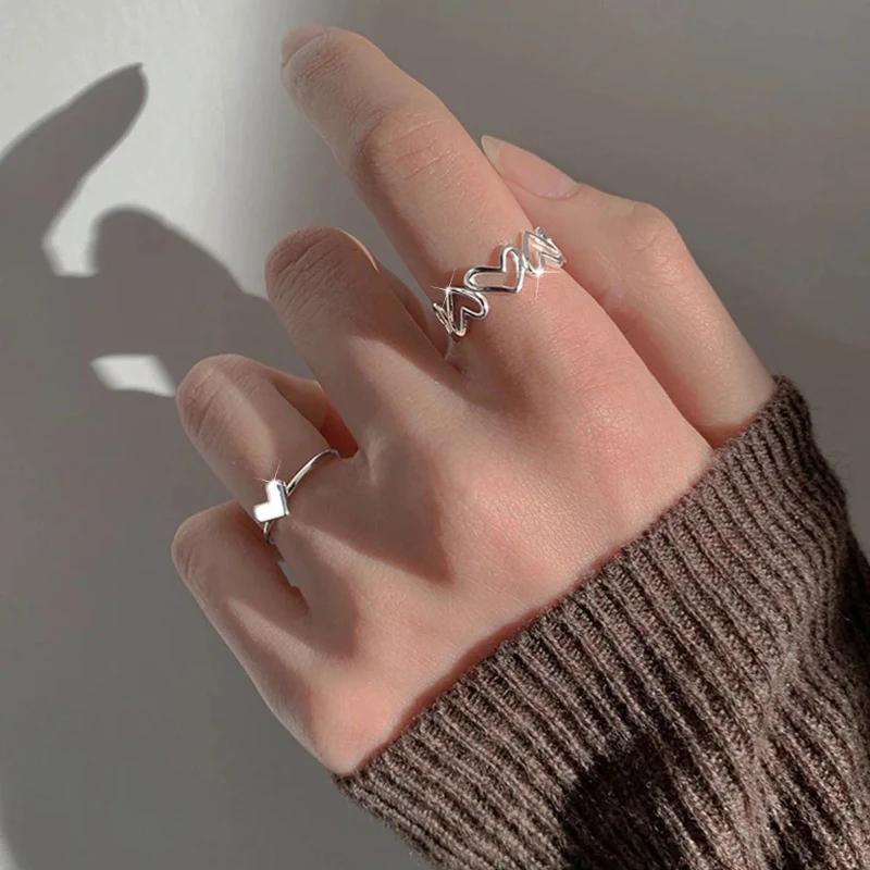 925 Silver Hollowed Heart Shape Open Adjustable Ring Set Design Love Fashion Jewelry for Women Girl Gifts