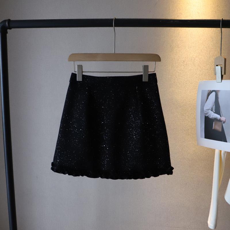 

Bi Zheng 2024 Блестящая твидовая мини-юбка с кружевом, маленькая, облегающая L чёрный