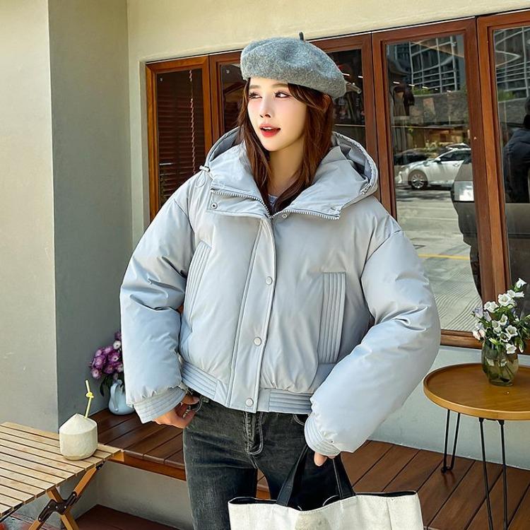 Women Autumn Winter Warm Thickened Cotton Padded Hooded Coat Solid Color Outwear Jacket