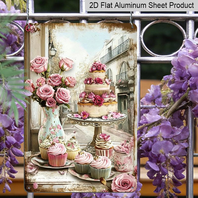 2D Flat, 1pc Vintage Metal Wall Art with Pink Roses, Cupcakes & Elegant Cake - 8x12 Inch Aluminum Kitchen Dining Room Decor Suitable for Cafe, Bar