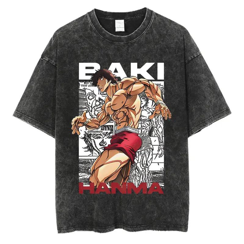 Anime Baki Haman T-shirts Harajuku Vintage Cotton Washed T Shirt for Men Hip Hop Streetwear Oversize T-shirt Tee
