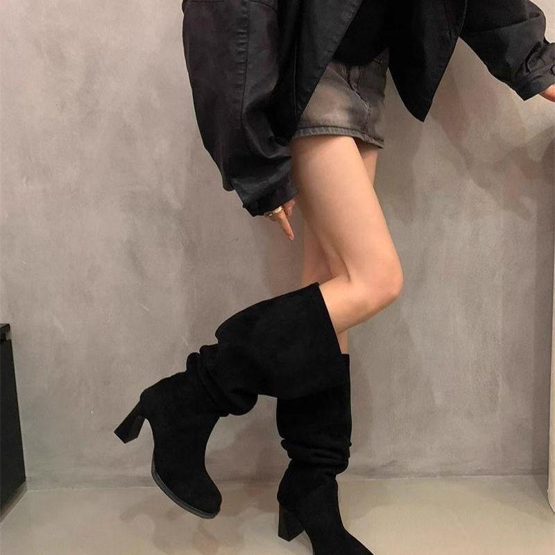 Semišové khaki stohovací kozačky dámské podzim a zima 2025 nové francouzské módní super tenké kozačky kozačky na vysokém podpatku