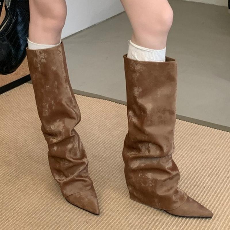 Fashion New Design Pleated Wedges Women Knee-High Boots Autumn Winter Pointed Toe Long Booties Fashion High Heels Ladies Shoes