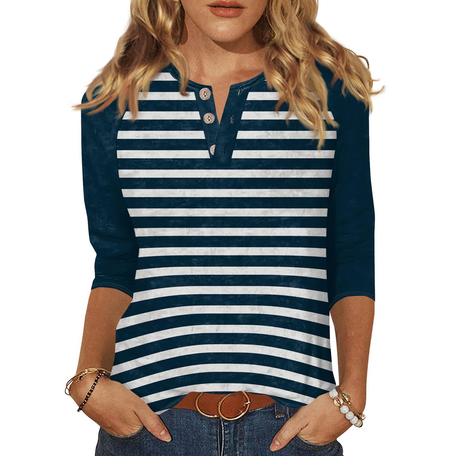 

Жен. Футболка С принтом Пуговицы Рукав 3/4 Повседневные Выходные Мода Классический Классический V-образный вырез Обычный Верх XL тёмно-синий