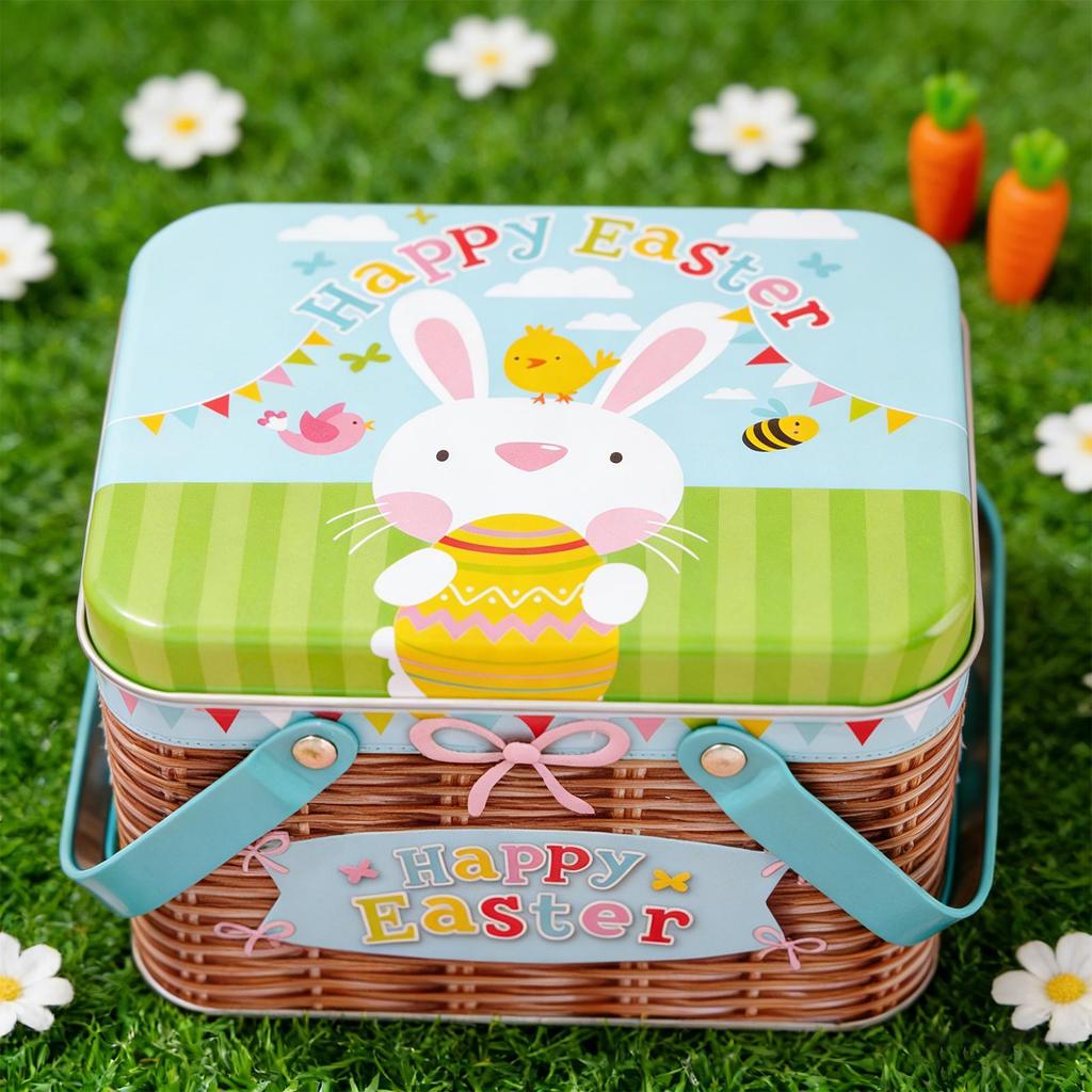 Cookie Tins With Lids Metal Storage Basket With Handle Rabbit Pattern Easter Cookie Boxes For Storage Food Jewelry Spring